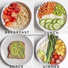 four plates with different types of food on them that include bread, salad, and vegetables