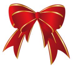 a red bow with gold stripes on it's sides and a ribbon tied in the middle