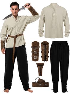 PRICES MAY VARY. Complete Mens Renaissance Costume: 1 cotton retro style long sleeve shirt for medieval, 1 pair of renaissance gothic pants, 1 medieval knight's belt,1 pair of leather buckle wrist guards and 1 leather scabbard Effortless Fit and Style:The pair of men's ankle banded pants creates the ideal halloween costumes men, with an elasticated drawstring waist for a nice fit and adjustable lace up ankles for easy sizing Authentic Renaissance Design:Our renaissance costumes men are made of 1 Viking Costume Men, Mens Viking Costume, Viking Halloween, Pirate Clothing, Viking Halloween Costume, Halloween Costumes Men, Arrow Holder, Viking Costumes, Leather Scabbard