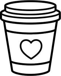 a coffee cup with a heart on the top and bottom, in black and white