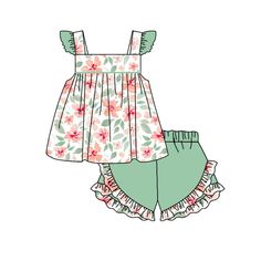 Fabric : Milk Silk pre-order,no moq this is my facebook group , you can contact me therethis is my link :https://www.facebook.com/groups/586525281708735/?ref=share Green Floral Print Summer Set, Cute Green Sets For Spring, Cute Green Spring Sets, Green Ruffled Shorts For Summer, Floral Outfit Summer, Toddler Girl Outfits Summer, Wholesale Boutique Clothing, Pajama Outfit, Toddler Girl Summer