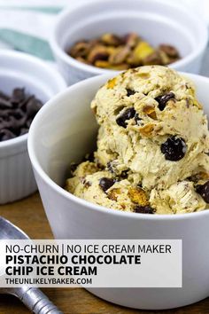 no churn ice cream maker pistachio chocolate chip ice cream in white bowls