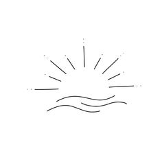 a black and white line drawing of the sun rising over water with waves on it