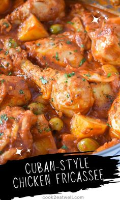 the recipe for cuban style chicken fricabee is shown in a skillet with text overlay