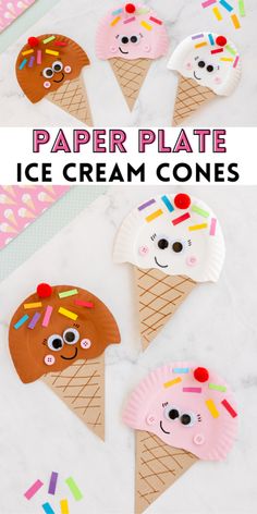 paper plate ice cream cones with faces on them and the text overlay says paper plate ice cream cones