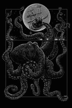 an octopus with a ship in the background and tentacles around it's neck, on a