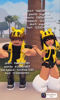 an animated image of two people dressed in yellow and black outfits, standing next to each other