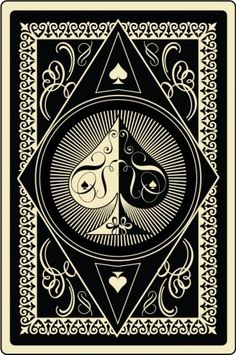 a playing card with an ornate design on the front and sides, in black and white