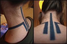 two pictures of the same person's neck with different lines on their back shoulder