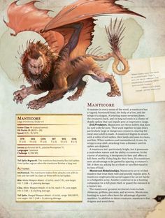 a page with an image of a dragon on it's back and the words manticore above it