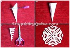 four pictures showing how to make an origami spider web