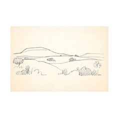 an ink drawing of hills and trees in the distance, with one line drawn on paper