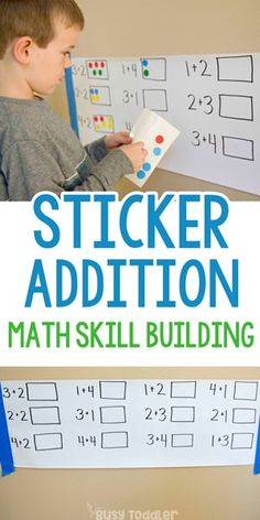 a young boy is working on his sticker addition math skills with the text, sticker addition math skill building