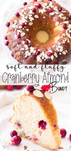 a bundt cake with cranberry and almonds on top is cut in half