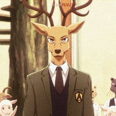 a man in a suit with deer antlers on his head and other animals behind him