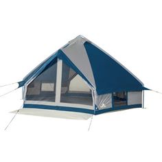 a blue and white tent with the door open