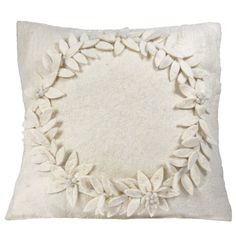 Hand Felted Wool Christmas Pillow Cover  –Cream Wreath – 20 - Arcadia Home Cream Wreath, Entrance Bench, Xmas Pillows, Poinsettia Wreath, Cream Design, Wool Throw Pillows, Christmas Pillows, Wool Pillow, Hand Applique