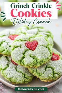 green crinkle cookies on a plate with the words, grin cookie holiday crunch