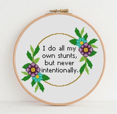 a cross stitch pattern with the words i do all my own stunts, but never internationally