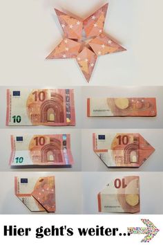 an origami star made out of ten euros bills with the words her gen's weter