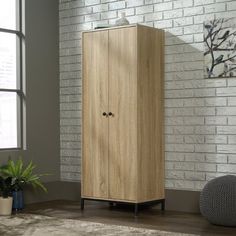 a tall wooden cabinet sitting in front of a window next to a potted plant