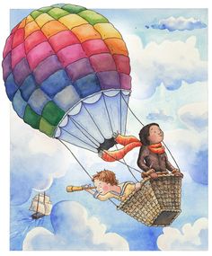 a watercolor painting of two people in a hot air balloon with a monkey on the back