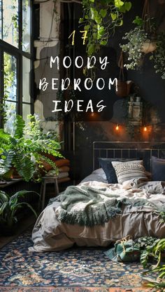 a bedroom with plants hanging from the ceiling