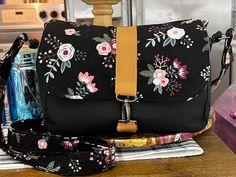 Crossbody Bags Medium Size Crossbody Floral Handbag - Etsy Mushroom Canvas, Floral Handbags, Messenger Purse, Black Crossbody Purse, Floral Bags, Leather Accents, Black Crossbody, Black Cross Body Bag, Machine Knitting