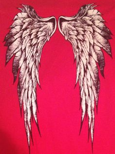 two white wings on a red shirt with black and white ink art work in the middle