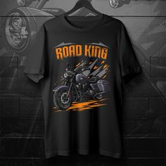 a black t - shirt with the words road king on it and an image of a motorcycle