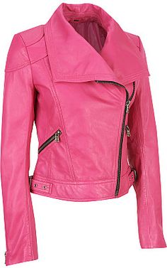 hot pink biker style leather jacket Pink Coats, Pink Leather Jacket, North Face Rain Jacket, Biker Gear, Pink Everything, Looks Party, Real Leather Jacket, All Pink