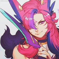 an anime character with pink hair and purple eyes, holding two large scissors in her hand