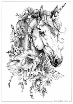 a black and white drawing of a unicorn with flowers