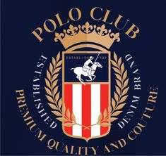 the polo club logo on a dark blue background with gold trimmings and an american flag