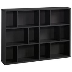 a black book shelf with six compartments