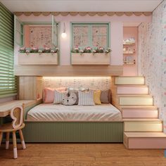 a small bedroom with stairs leading up to the bed area and storage shelves above it