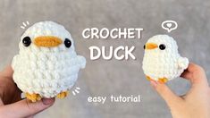 two crocheted stuffed animals are being held by someone's hands with the words crochet duck written above them