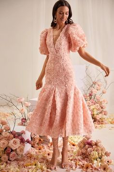 Simona 3D Floral Dress with Puff Sleeves | Afterpay | Laybuy