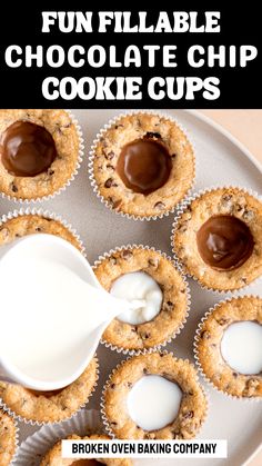 chocolate chip cookie cups on a plate with milk being drizzled