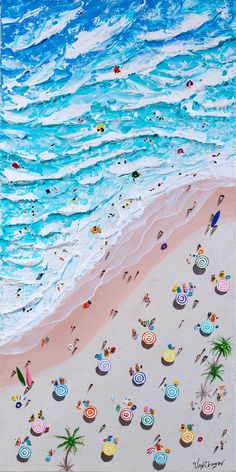 a painting of people at the beach with umbrellas and chairs in the sand by the water