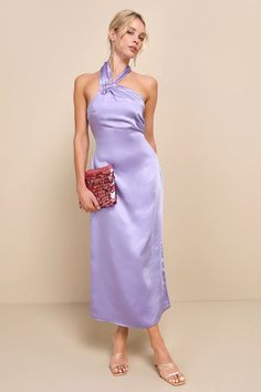 Lavender Satin Dress - Midi Slip Dress - Halter Midi Dress - Lulus Purple Satin Midi Dress For Cocktail, Purple Satin Midi Dress For Evening, Purple Satin Midi Dress For Party, Purple Halter Neck Prom Dress, Lavender Midi Evening Dress, Purple Satin Halter Neck Dress, Chic Purple Midi Dress For Cocktail, Chic Lavender Prom Dress, Purple Feminine Midi Dress For Evening