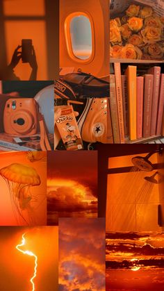 a collage of photos with the sun in the background and bookshelves below