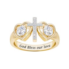 Two lives joined in faith and love… The fiery sparkle of five genuine diamonds along the central cross…symbolizing love and strength. The radiance of two white topaz believed to provide clarity and wisdom. The luminous warmth of 14kt gold-plated sterling silver fashioned into this timeless ring of elegant simplicity…linking faith and love. A prayerful, uplifting inscription that will become a legacy for years to come: God Bless Our Love. Timeless Ring, Danbury Mint, Cross Ring, Diamond Cross, God Bless You, Religious Jewelry, White Topaz, 14kt Gold, Gold Plated Sterling Silver