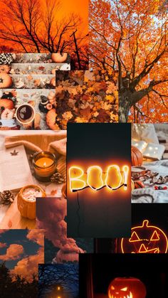 a collage with pumpkins, candles and trees