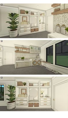 three different views of a room with plants and furniture in the same area, one is empty