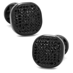 Designed with a brilliant shimmer of elegance, our Black Stainless Steel Black Pave Crystal Stud Set is crafted with some of the world's most delicate and precisely-cut Preciosa crystals. These stunning pavé-set black crystal cufflinks and tuxedo studs will bring a touch of sparkle to your next formal event. Our stud set will stand up to wear and maintain their sleek, shiny look thanks to being crafted from durable stainless steel. Crystal Cufflinks, Tuxedo Studs, Round Logo, Black Plates, Stud Set, Crystal Set, Pave Setting, Black Stainless Steel, Beveled Edge