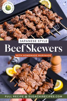 Japanese beef skewers on a black rectangular plate surrounded by lemon slices Hot Coals, Marinated Beef, Marinated Steak, Bamboo Skewers, Beef Recipe, The Grill