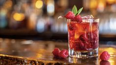 a close up of a drink on a table with raspberries