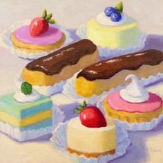 an oil painting of different types of cakes