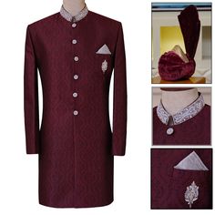 Maroon Self Textured Jamawar Wedding Sherwani For Groom Red Bandhgala For Wedding And Eid, Red Nehru Jacket For Wedding And Eid, Festive Burgundy Kurta For Wedding, Traditional Burgundy Wedding Wear, Festive Burgundy Wedding Kurta, Elegant Burgundy Traditional Wear For Wedding, Bollywood Style Burgundy Traditional Wear For Wedding, Burgundy Traditional Wear For Wedding And Festivals, Traditional Burgundy Wedding Sets